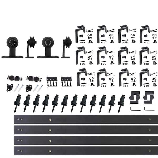 HOMACER 16 ft./192 in. Black Rustic Double Track Bypass U-Shape Sliding Barn Door Hardware Kit - T-Shape Design Roller