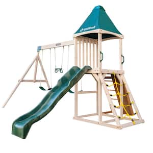 Emerald Challenge Wooden Swing Set/Playset with Slide, Rope Ladder and 3 Swings
