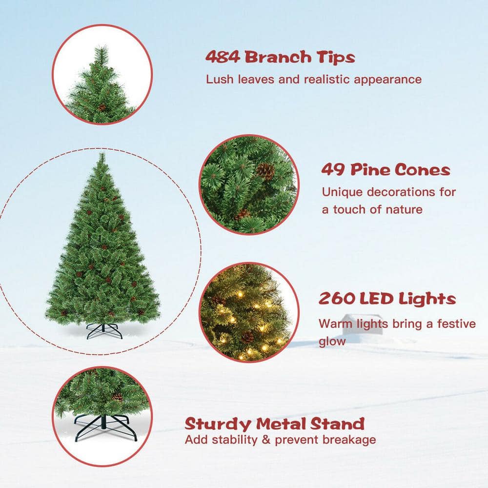 6ft Pre-Lit Pine Christmas Tree with Pine Cones and LED Lights