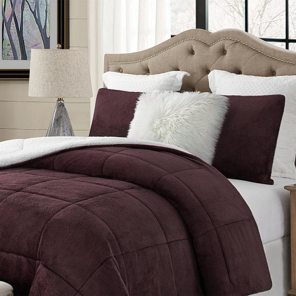 Wine Faux Fur and Sherpa Reversible Full Comforter Set