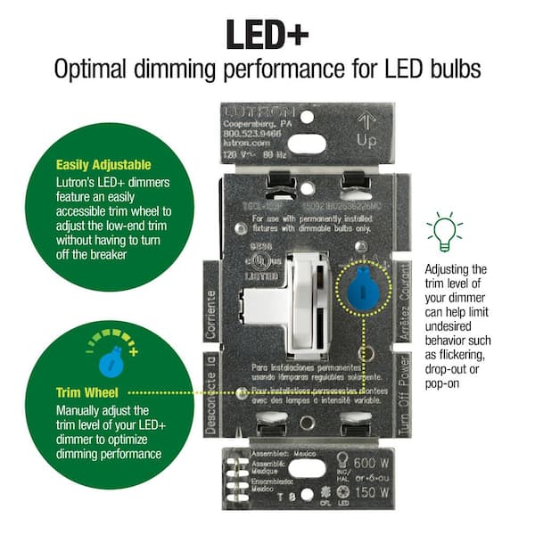 Toggler LED+ Dimmer Switch w/Wallplate for Dimmable LED Bulbs, 150W/Single-Pole or 3-Way, White (TGCL-2PK-WHW) (2-Pack)