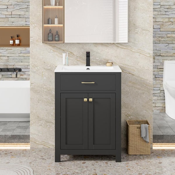 eclife 24 in. W x 19 in. D x 34 in. H 1-Sink Freestanding Bath Vanity in Black with White Ceramic Top and Drain Faucet Set
