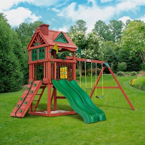 Double Down II Wooden Outdoor Playset with 2 Wave Slides, Rock Wall, Sandbox, and Backyard Swing Set Accessories