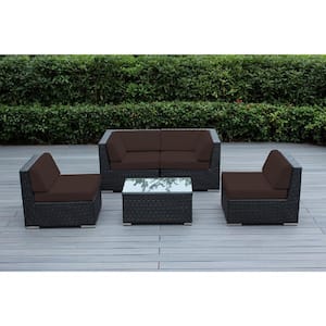 Ohana Black 5-Piece Wicker Patio Seating Set with Sunbrella Bay Brown Cushions