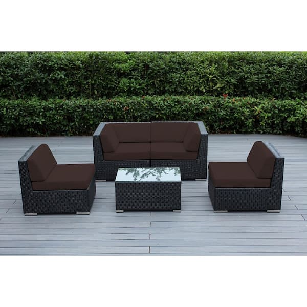 Ohana Depot Ohana Black 5-Piece Wicker Patio Seating Set with Sunbrella Bay Brown Cushions