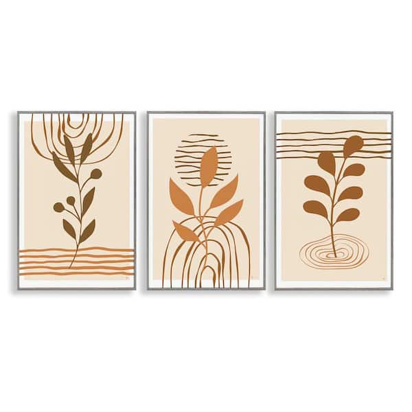 Stupell Industries Boho Sprigs & Line Patterns by Martina Pavlova 3-Pieces Gray Framed Nature Giclee Art Print 18 in. x 12 in.