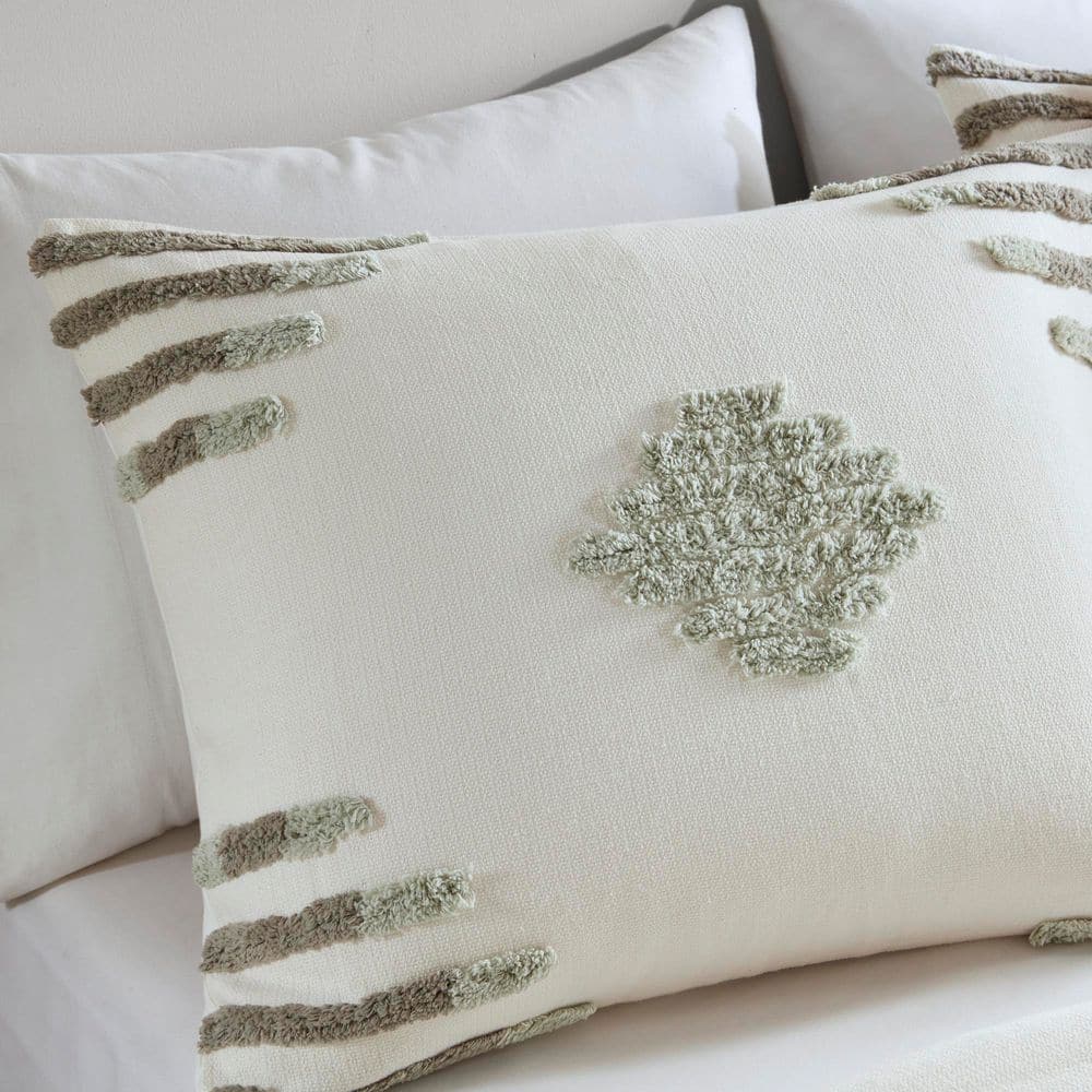 Ivory and Green Cotton Blend Chenille Full Comforter Set