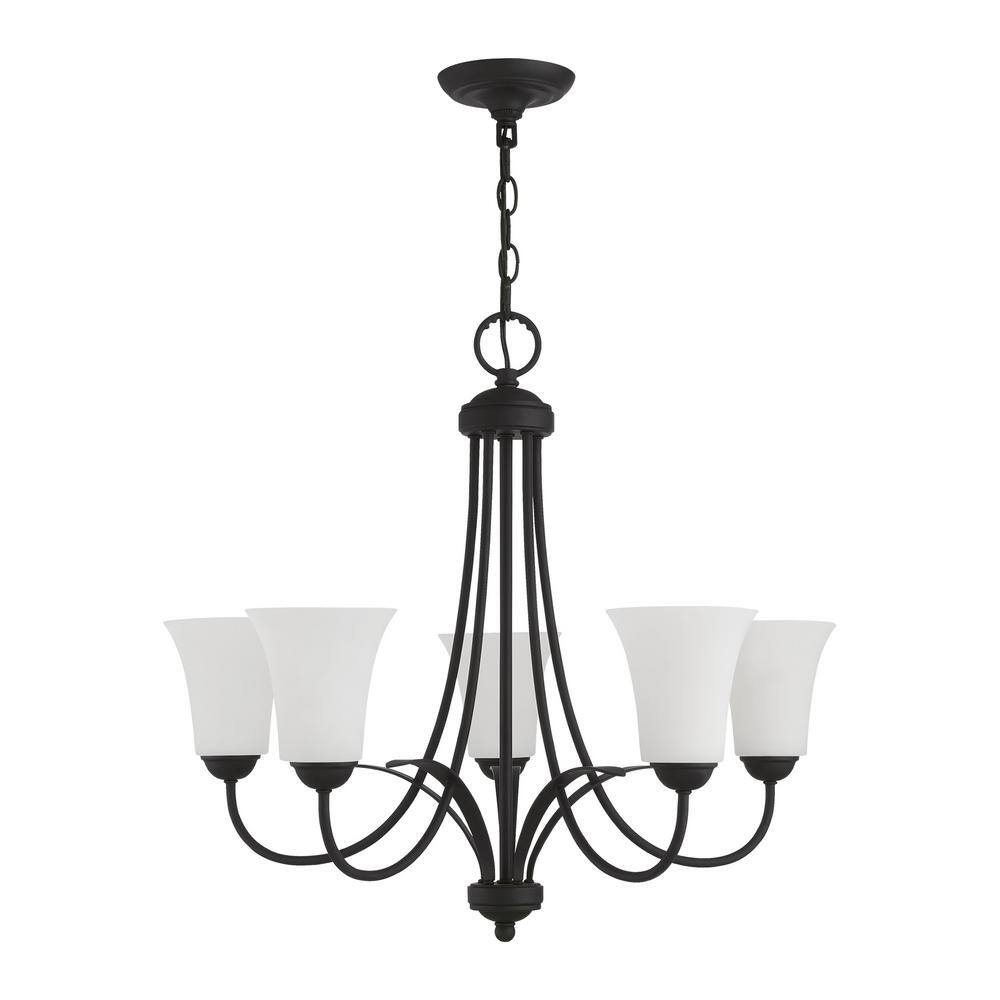 Elegant Transitional 5-Light Chandelier in Black with Satin Opal White Glass