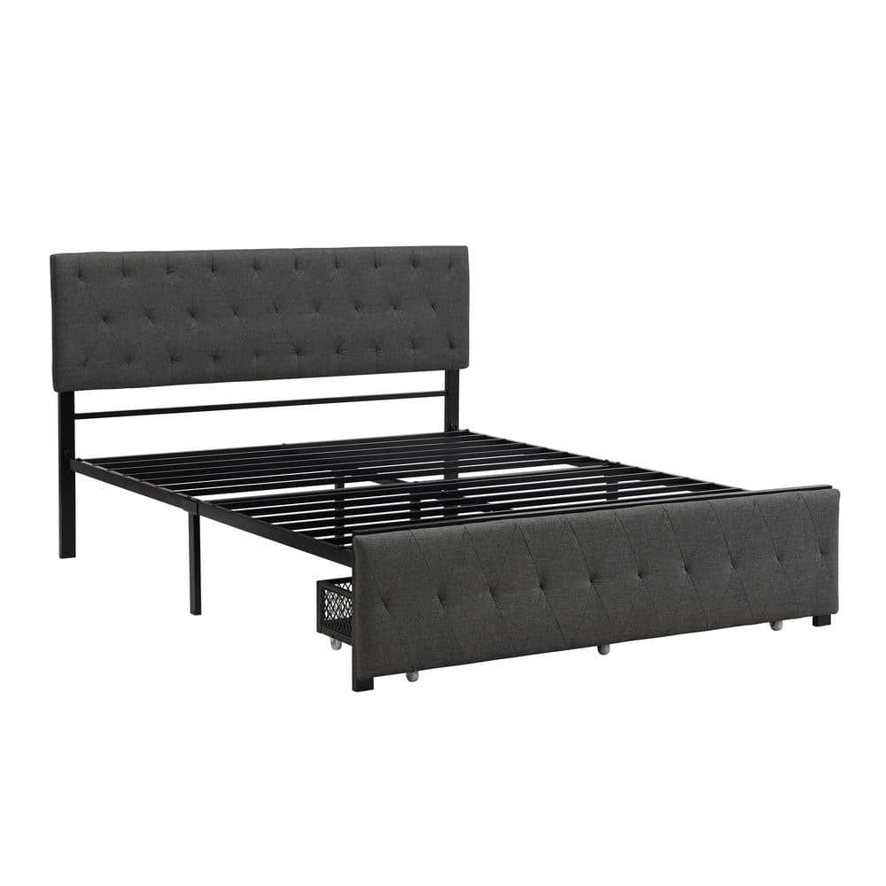 83.2 in. W Queen Size Storage Bed Metal Platform Bed with a Big Drawer - Gr