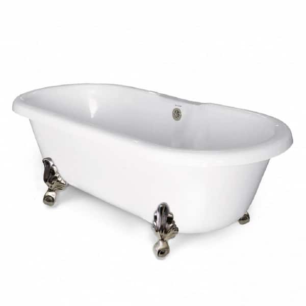 American Bath Factory 70 in. AcraStone Acrylic Double Clawfoot Non-Whirlpool Bathtub in White with Large Ball and Claw Feet in Satin Nickel