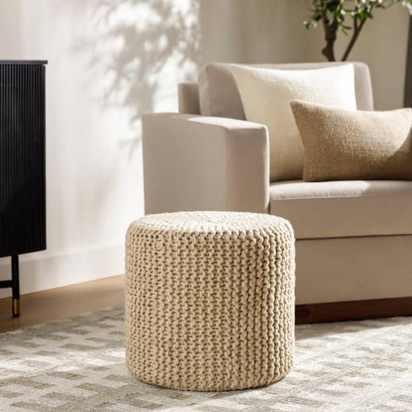 Lidia Beige Modern 18 in. L x 18 in. W x 16 in. H Cotton Pouf