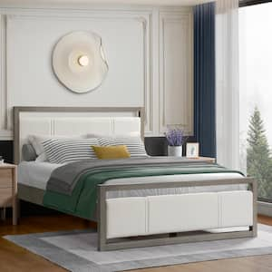 Aurora Queen Size Upholstered Boucle Platform Bed with Headboard, Wood Frame, Ivory + Grey