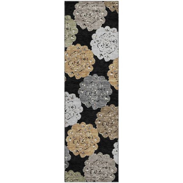 Mayfield Premium Machine Washable Abstract AMF2353 Black 2 ft. x 7 ft. Runner Rug