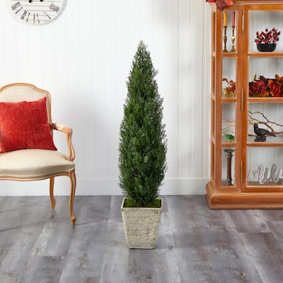 3.5 ft. Indoor/Outdoor Mini Cedar Artificial Pine Tree in White Planter UV  Resistant