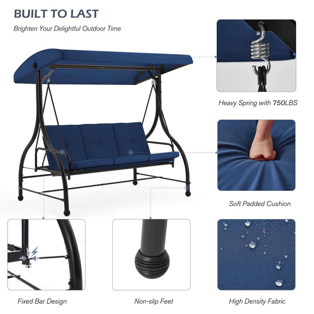 Blue Cushioned Steel Frame 3-Person Porch Swing with Adjustable Canopy
