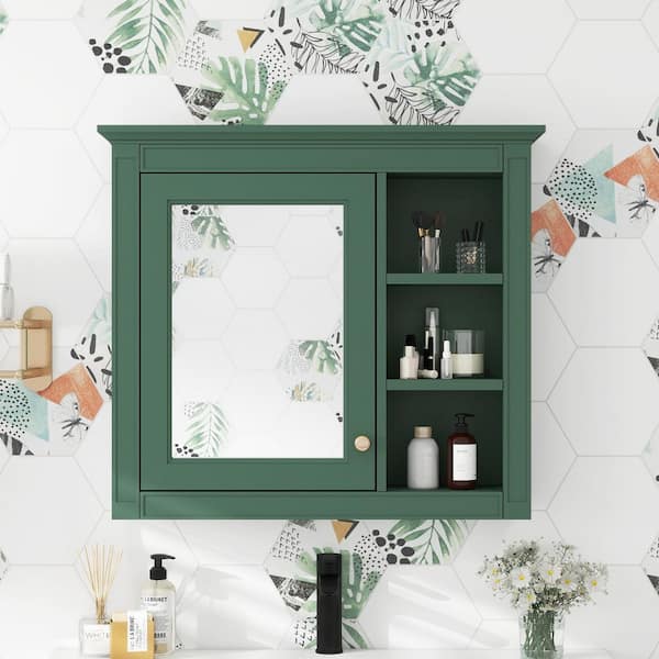 Green 30 in. W x 28 in. H Wall Mounted Rectangular Medicine Cabinet with Mirror, Adjustable Soft-Close Hinges