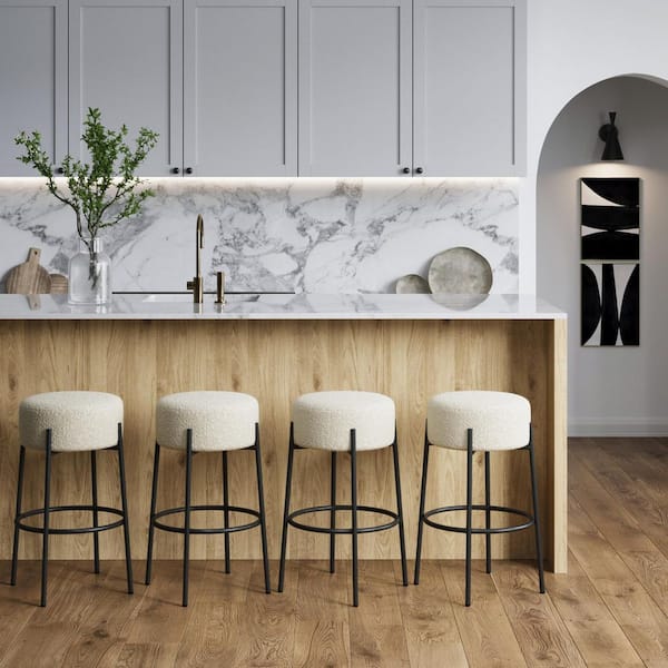 Isaac 29 in. Modern Backless Bar Stool with Padded Boucle Seat and Metal Mid-Century Base, Boucle White/Black, Set of 4