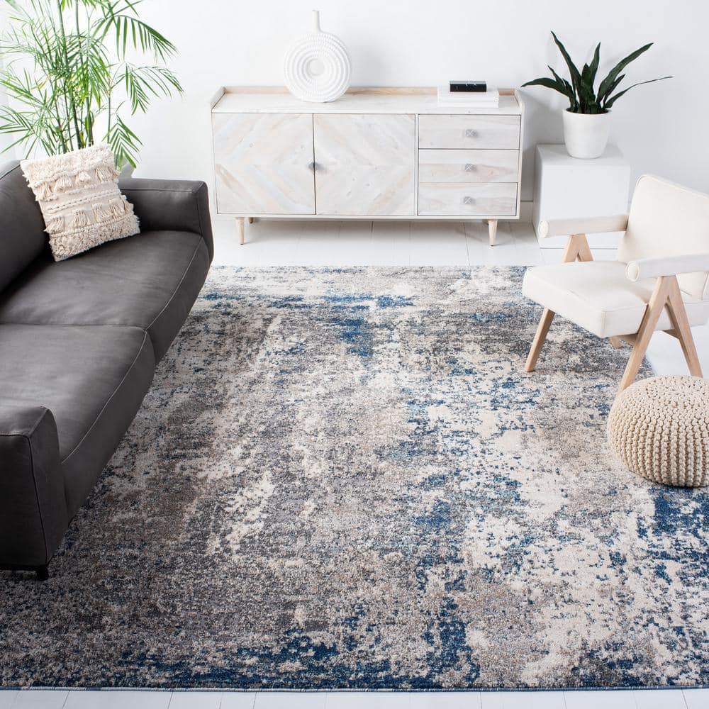 Aston Abstract Gray and Navy Round Synthetic Area Rug, 54 in