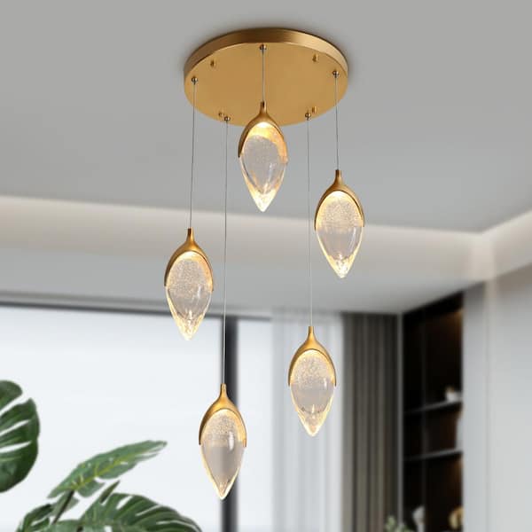 LNC Evacampbell 5-Light Dimmable Integrated LED Vintage Goldleaf Cluster Chandelier for Entryway