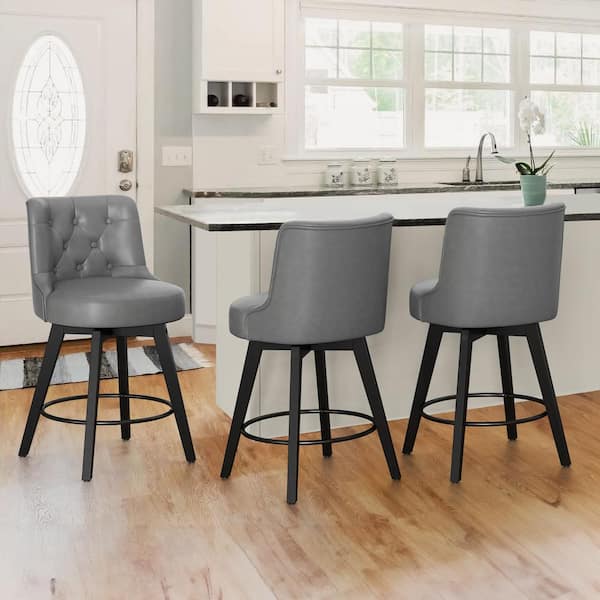 cozyman Rowland 26.5 in Seat Height Dark Gray Faux Leather Counter Height Solid Wood Leg Swivel Bar stool（Set of 3）