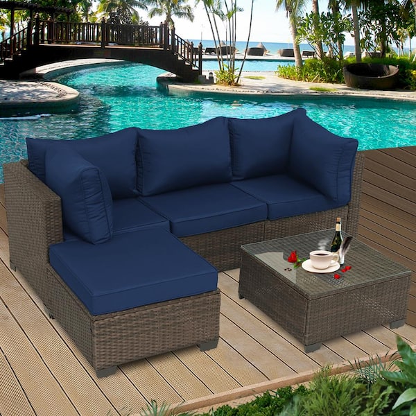 Unbranded 5-Piece Brown Wicker Outdoor Sectional Set with Table and Dark Blue Cushions
