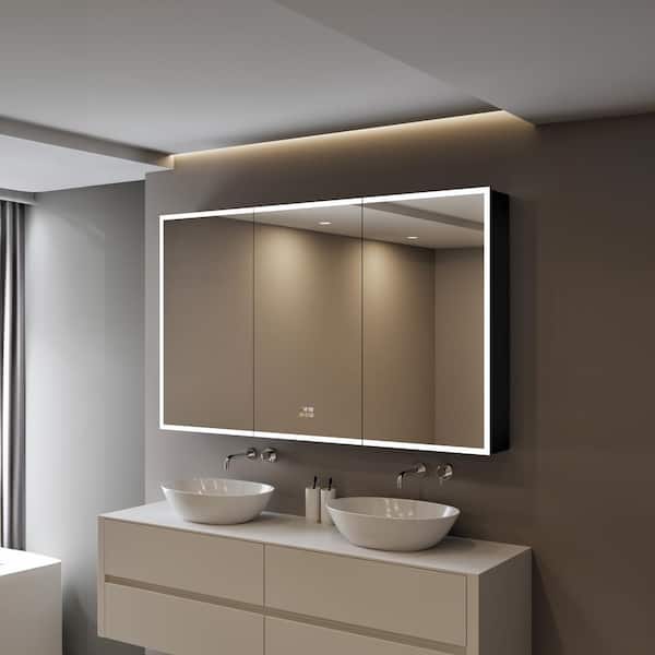 HBEZON Flora 60 in. W x 36 in. H Large Rectangular Black Aluminum Recessed Medicine Cabinet with Mirror, Interior Lighting