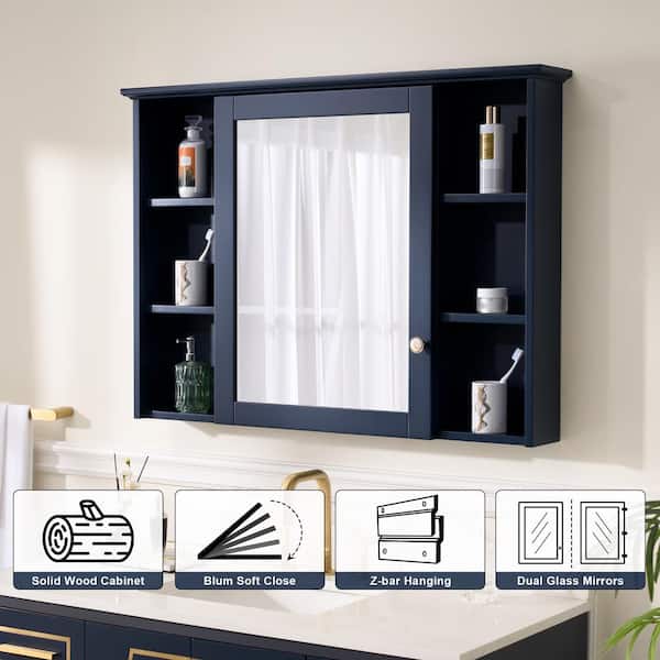 WELLFOR Solid Wood 34-in x 30-in Surface Mount Navy Blue Mirrored Soft Close Medicine Cabinet