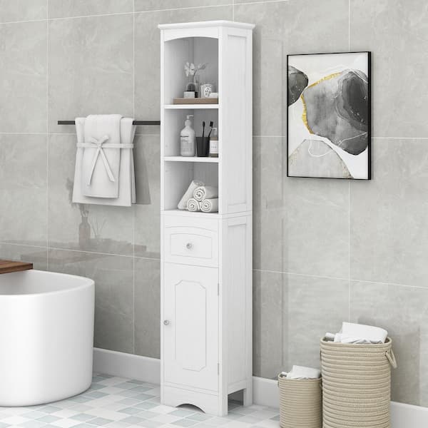 FAMYYT 13.4 in. W x 9.1 in. D x 67 in. H White Bathroom Storage Linen Cabinet with Adjustable Shelf
