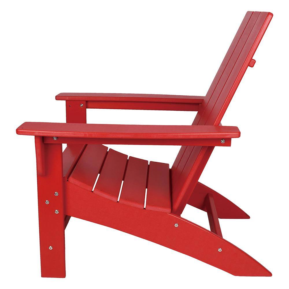 Side profile of a ruby red flat top Adirondack chair.