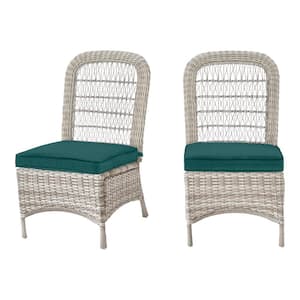 Beacon Park Gray Wicker Outdoor Patio Armless Dining Chair with CushionGuard Malachite Green Cushions (2-Pack)