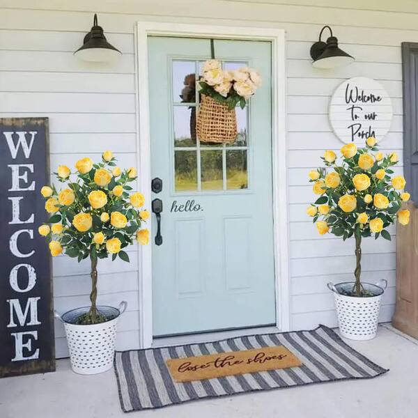 2-Pack 4 ft. Artificial Yellow Rose Trees in Black Pots-52 Blooms