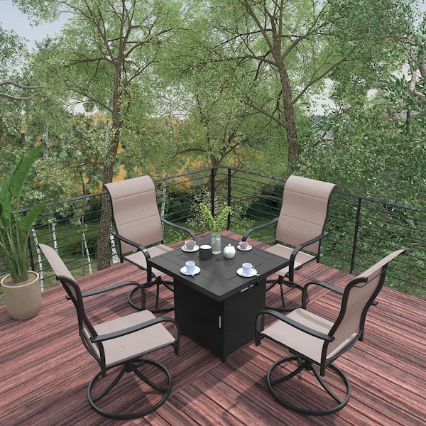 CASAINC 5-Piece Metal Outdoor Patio Fire Pit Seating Set 28 in. Square Fire Pit Table with Brown Textilene Swivel Chairs