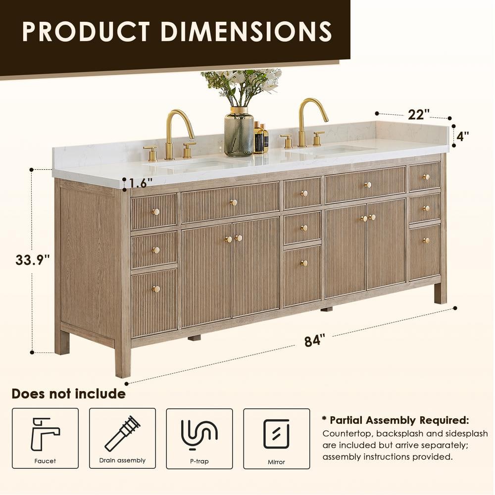 Cerrito 84" Natural Oak Double Vanity with Engineered Stone Top