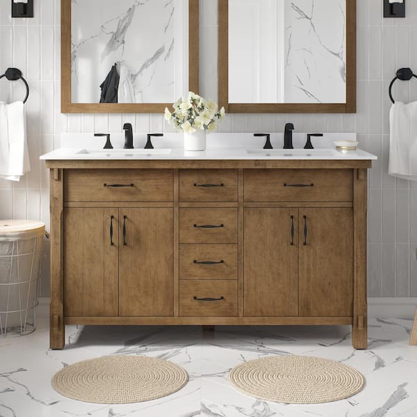 Home Decorators Collection Bellington 60 in. W x 22 in. D x 34 in. H Double Sink Bath Vanity in Almond Toffee with White Engineered Stone Top