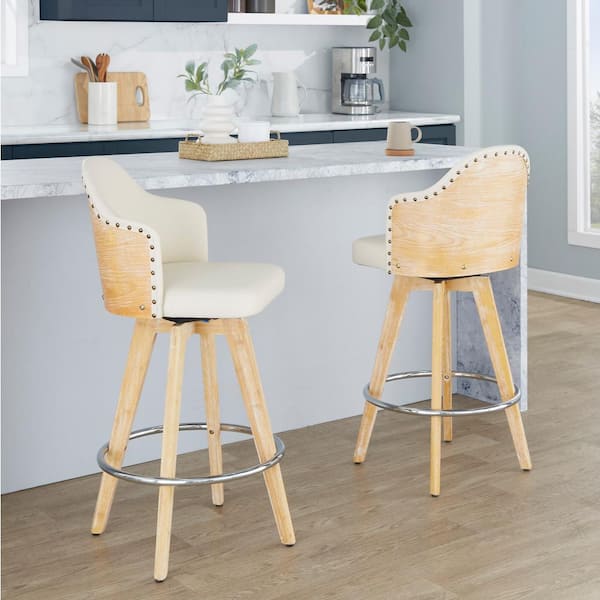 Ahoy 26 in. Cream Faux Leather, Natural Wood and Chrome Metal Fixed-Height Counter Stool (Set of 2)