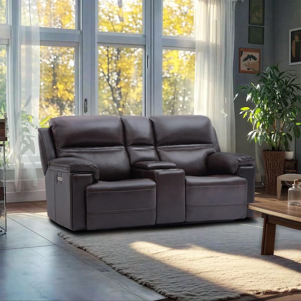 Ellesophas Vito 85 in. 2-Seat Genuine Leather Power Reclining Console Loveseat with Headrest, USB/USB-C Ports in DarkBrown
