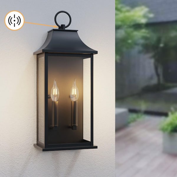 Montpelier 21 in. 2-Light Black Modern Dusk to Dawn Outdoor Aluminum Hardwired Wall Lantern Scone No Bulbs Included