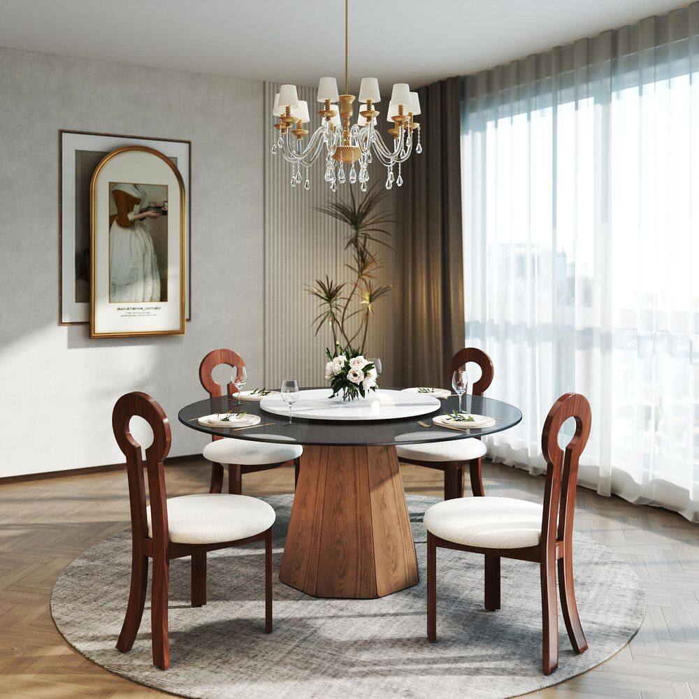 Modern 59.05 in. Black Round Rotable Lazy Susan Tempered Glass Tabletop with Walnut Pedestal Base Dining Table (Seats 8)