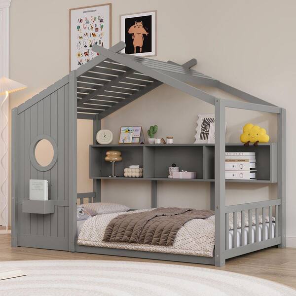 Nestfair Gray Twin Size Floor House Bed with Roof Design and Storage ...
