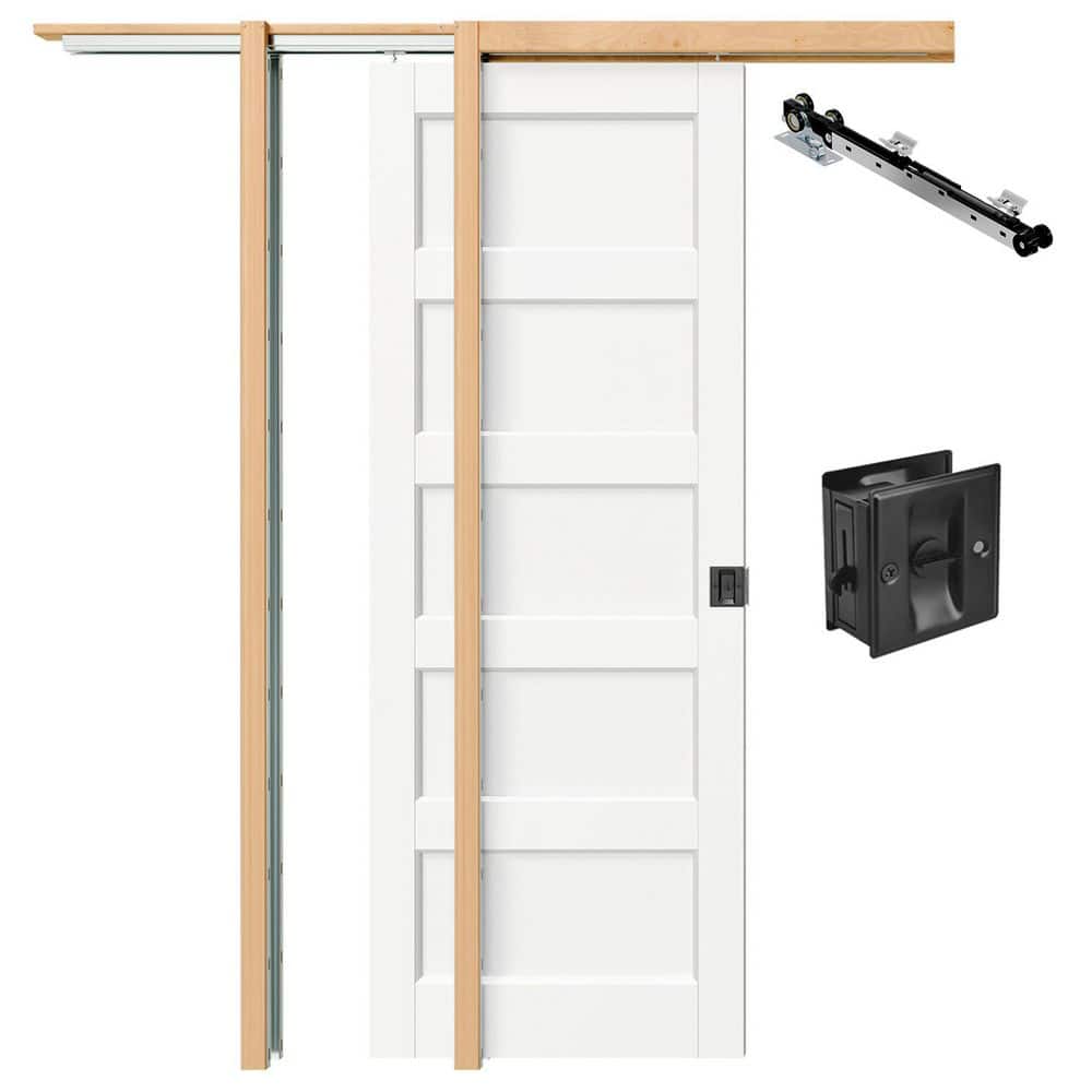 30 in. x 80 in. Primed Wood 5-Panel Sliding Pocket Door with Frame, Black Privacy Lock and Soft Close Incl Pantry Door price history on PriceWatchPro