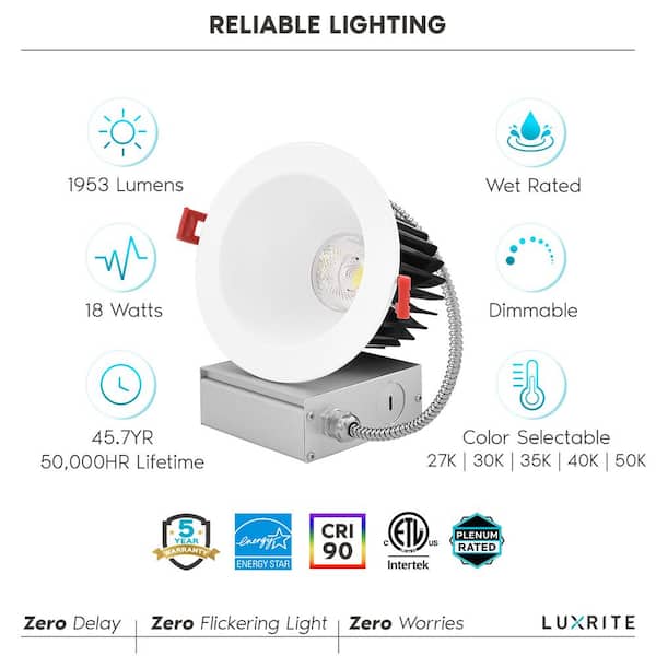 4" LED Recessed Light with J-Box, 18W, 1500 Lumens, 5 Color Selectable, Dimmable, Wet Rated, IC Rated, ETL Listed