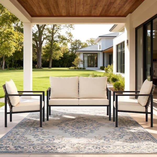 3-Piece Natural PE Rattan Wicker Outdoor Sectional Sofa Set with Beige Washable Cushions