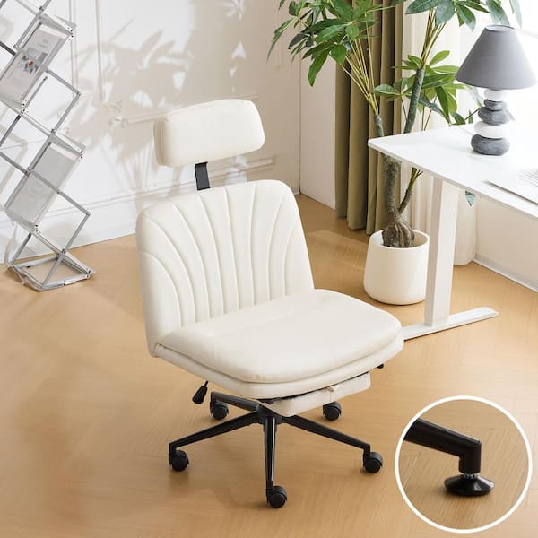 Faux Leather Fabric Swivel With headrest and legrest Task Chair in White with Armless