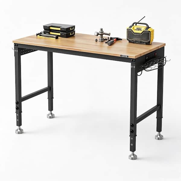 48"x24" Solid Wood Workbench Adjustable Height 2000 LBS, Work Table with Pegboard, Power Outlets & 8.2 ft power cord