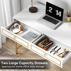 43.3 in. Rectangular White and Gold Wood Computer Desk with 2 Drawers Writing Desk, Makeup Study Table for Home Office