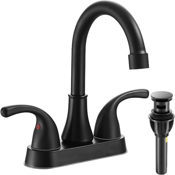 MTTCLE 4 in. Centerset Double Handle High Arc Bathroom Faucet with Drain Kit Included in Matte Black