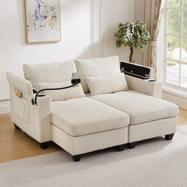 Harper & Bright Designs Beige Corduroy Polyester Convertible Chaise ...