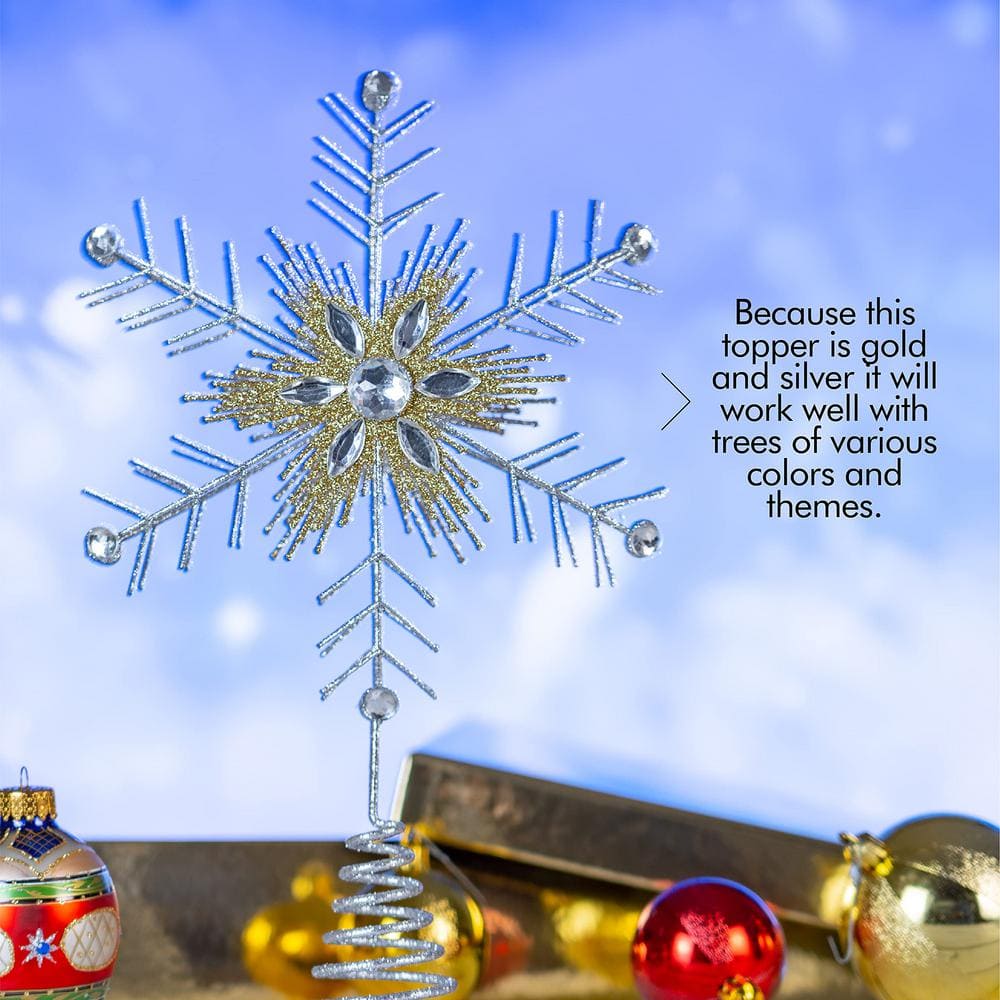 Silver and Gold Glitter Snowflake Tree Topper with Gems