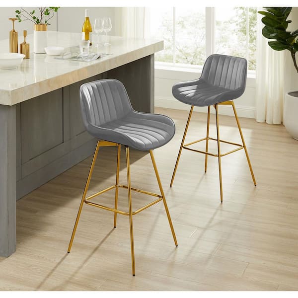 Art Leon Modern 38.78 in. Height Gray Velvet Swivel Bar Stools with 4-Metal Foots and Low Back (Set of 2)