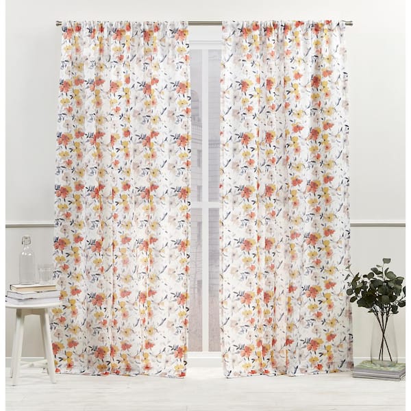 NICOLE MILLER NEW YORK Hattie Sienna Floral Light Filtering Rod Pocket Curtain, 54 in. W x 63 in. L (Set of 2)
